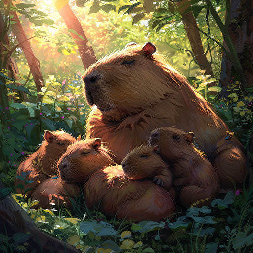Capybara family resting together in a sunlit clearing