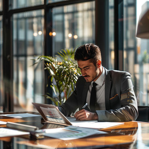 Reviewing financial reports in a sleek office