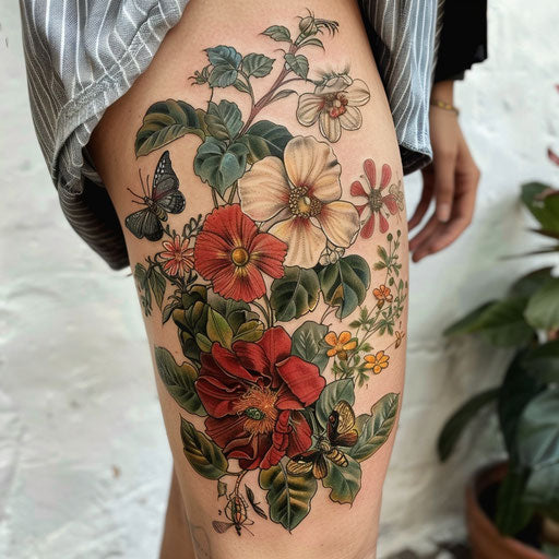 Botanical-themed thigh tattoos for men