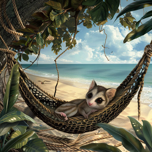 A flying squirrel lounging in a hammock of leaves on a tropical beach