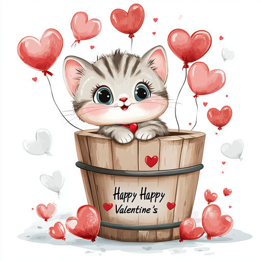 Baby kitten sitting in a barrel with hearts around