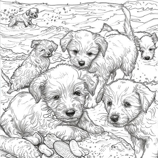 Puppies playing at the beach. Coloring book page