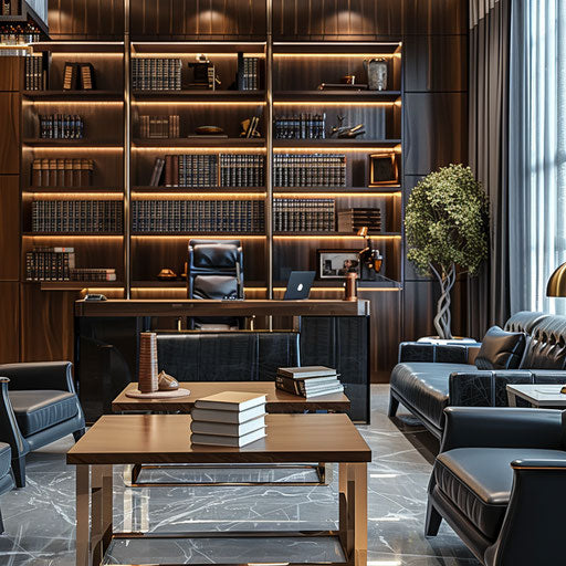 Modern law firm office with elegant furniture and library