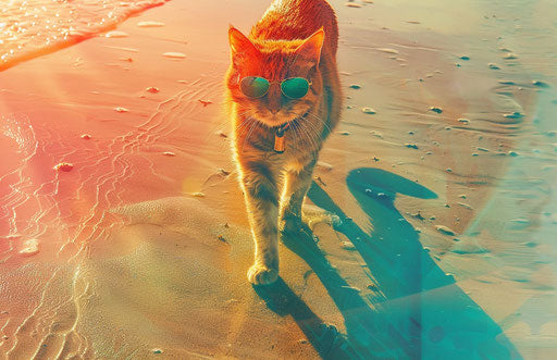 A cat with sunglasses walking on the beach, in the style of futurist influences, heatwave, sunrays shine upon it, made of all of the above, calculated, verdadism, soft 17:11