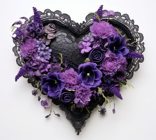 Heart ornament with purple flowers and lace
