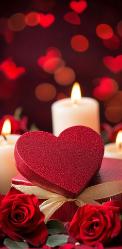 Red heart-shaped box with gold ribbon, surrounded by burning white candles and roses on the table, romantic background