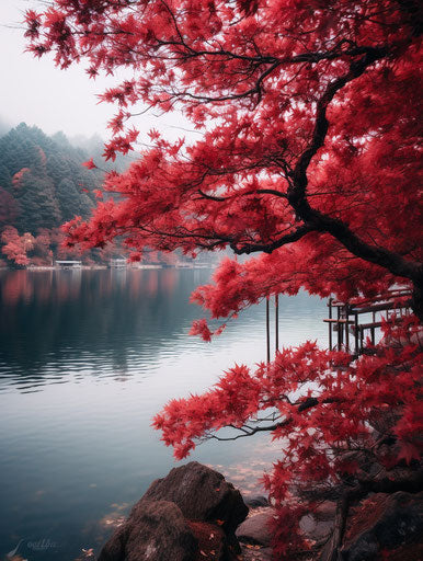 Red leaves on trees over the lake