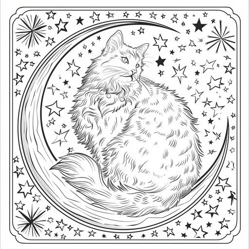 Whimsical cat on a crescent moon surrounded by stars