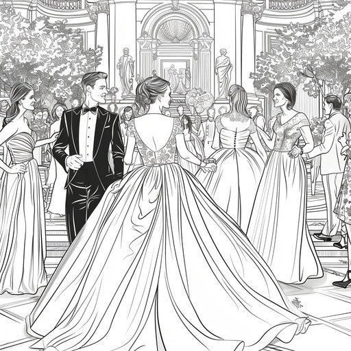 A glamorous wedding with elegantly dressed guests in the style of Megan Hess, coloring book page
