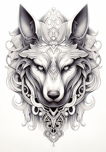 Drawing of a black and white wolf with jewelry in ears