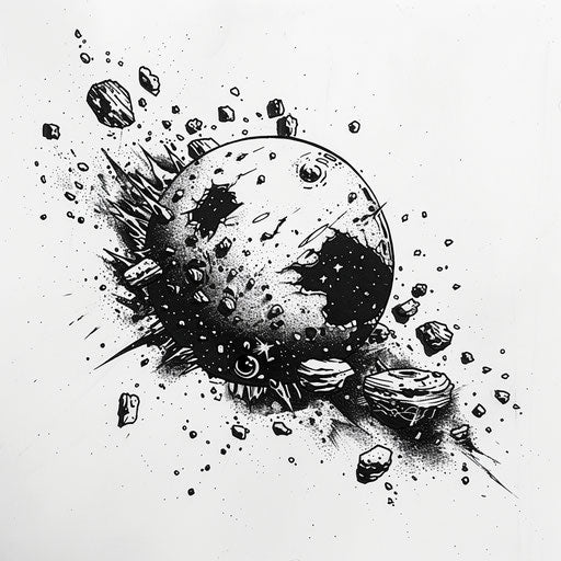 Stylish tattoo sketch of an asteroid belt with detailed asteroids in monochrome