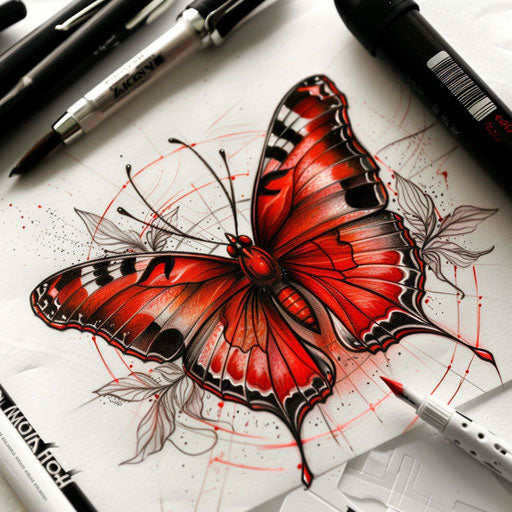 Neo-traditional tattoo sketch of a red butterfly with bold shading and classic elements