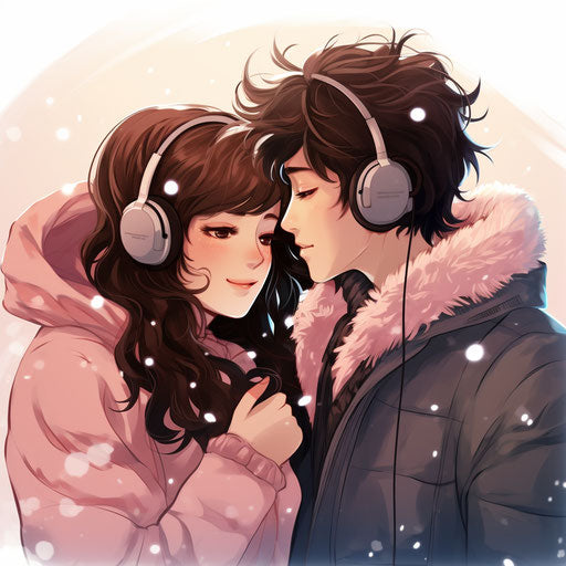 2 cute couples and snowflakes, in the style of romantic manga, romantic gestures