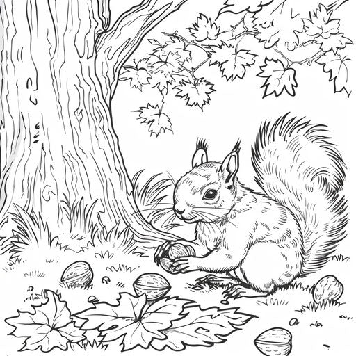 A cute squirrel gathering nuts beneath a large oak tree