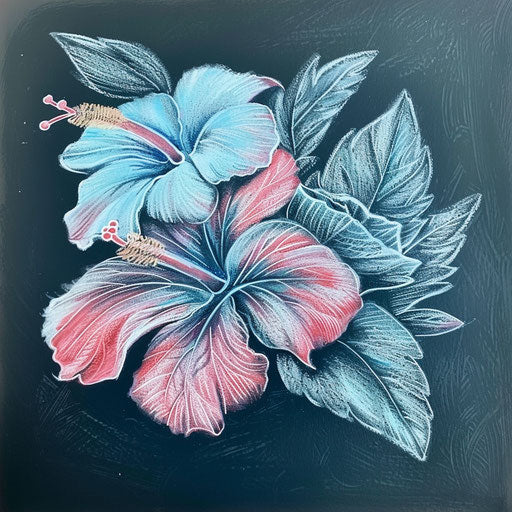 Chalk drawing of hibiscus tattoo design, pastel colors