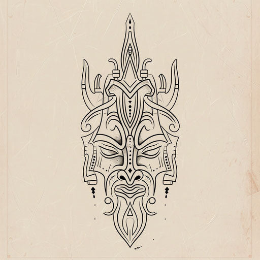 Cultural flat tattoo sketch of a traditional mask outlined with one line
