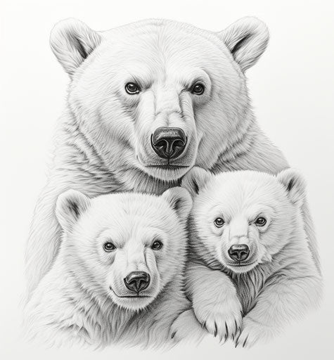 Bear drawing with baby drawing with cubs, dignified poses style, black and white