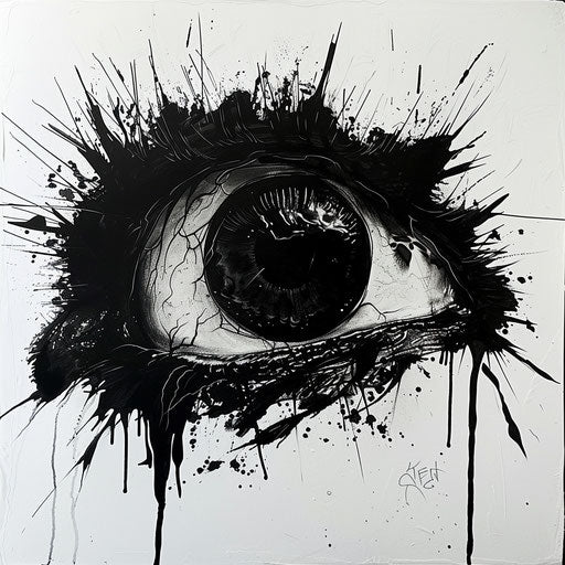 Creepy black horror themed tattoo, eerie eyeball design, on white canvas