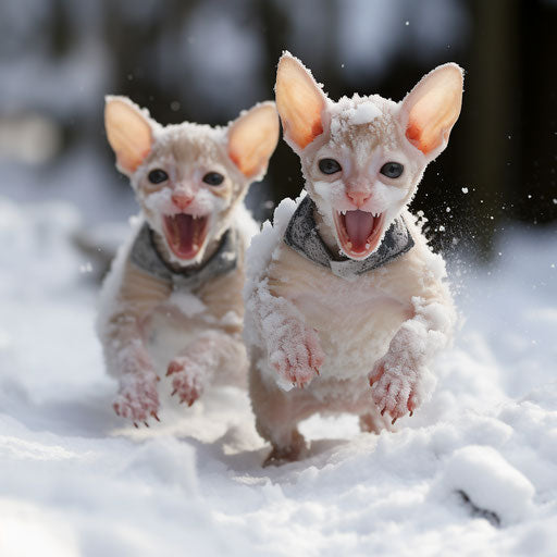 Cornish Rex cat kittens playing in the snow