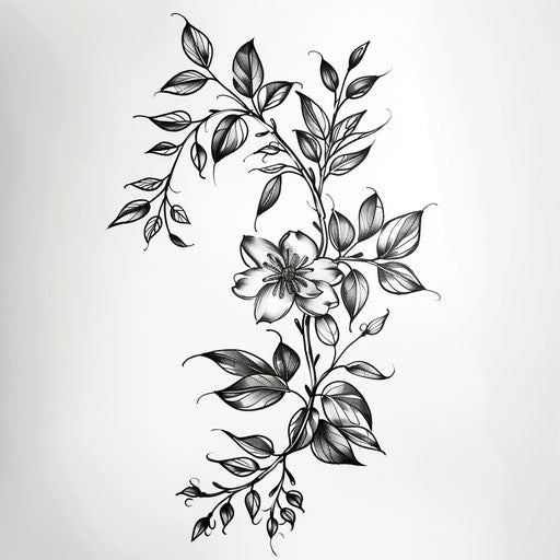 Intricate vine tattoo design in black ink on pure white