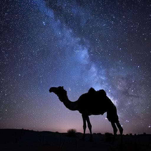 Camel under the stars in the night sky