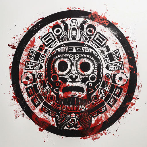 Complex Mayan glyph tattoo in black and red on white canvas
