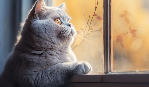 Grey British Shorthair cat looking at window, light blue and gold style