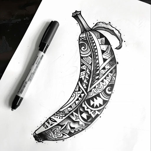 Exotic flat tattoo sketch of a banana with traditional Polynesian patterns
