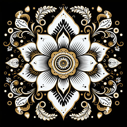 Black and white henna pattern, mughal painting style, bold outline, delicate gold details, zen Buddhism influence