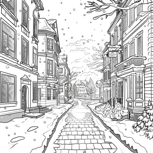 City in winter with snow-covered buildings and streets