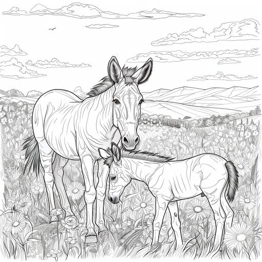 Playful donkey and its foal frolicking in a grassy field