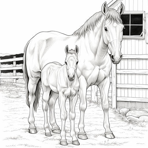 Mare and foal outside barn, coloring pages