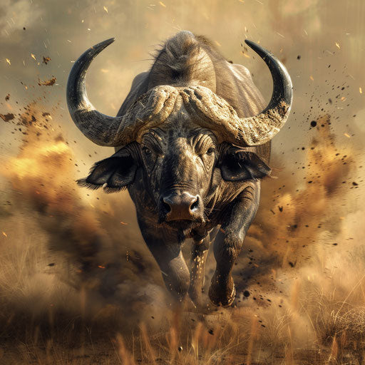 Buffalo in dynamic pose in the wild in the style of Will Burrard-Lucas
