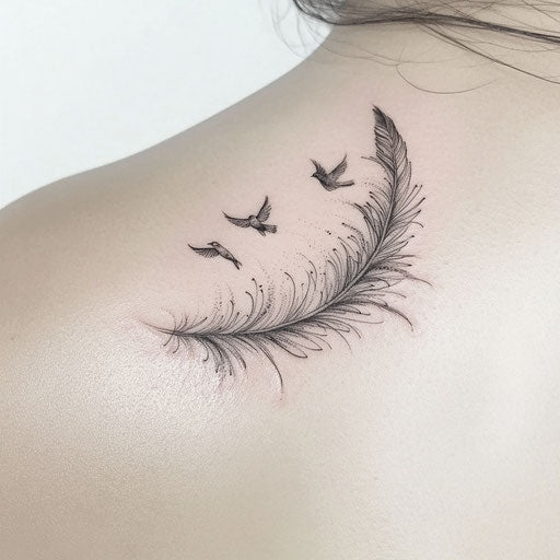 Beautiful flat tattoo sketch with delicate feather turning into birds on pure white background