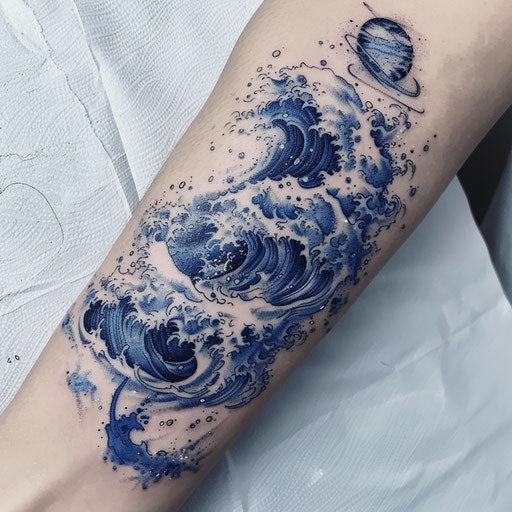 Dynamic flat tattoo sketch of a chaotic storm scene, rich in dark blue tones
