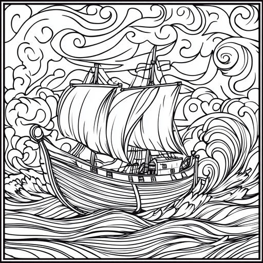 Noah's Ark sailing through stormy sea, Jen Bartel style, coloring page