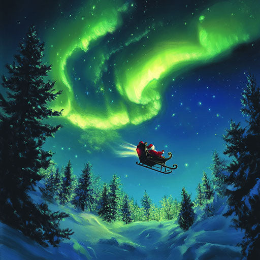 Magical moment: Santa flying, sleigh lit by dancing northern lights