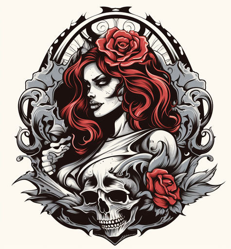 Woman with armor tattooed with skull on spade