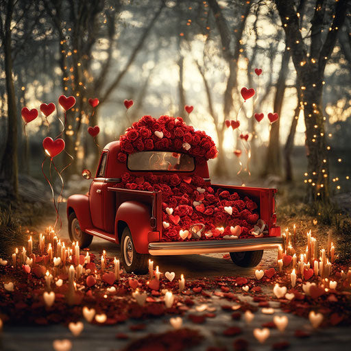 Vintage red truck filled with roses and heart-shaped balloons