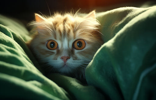 Cat with green eyes on a bed, in the style of light maroon and light brown, exaggerated facial features