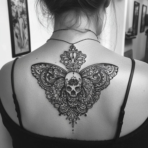 Skull butterfly tattoo on shoulder blade with mandala