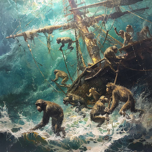 Monkeys exploring a sunk pirate ship