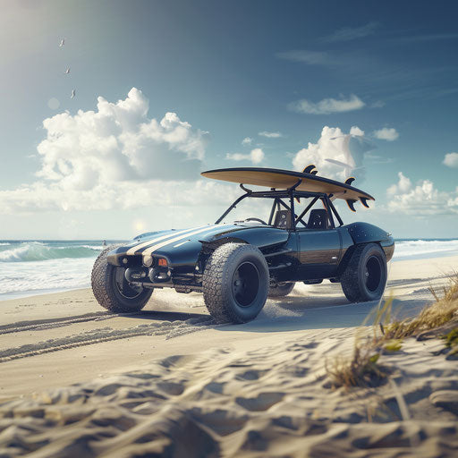 Shelby Daytona beach buggy with sand tires and surfboards