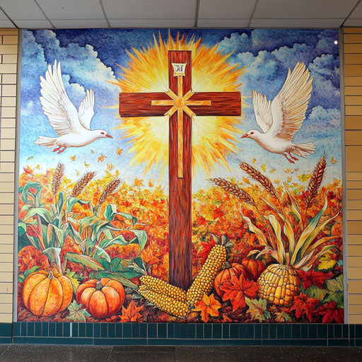 Religious Thanksgiving mural with cross, doves, harvest IMAGELLA