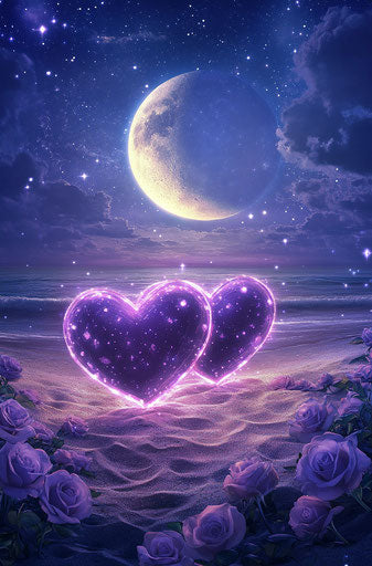 Two glowing purple hearts on an empty beach