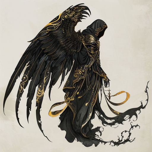 Flat sketch of angel of death in flowing robe with golden accents
