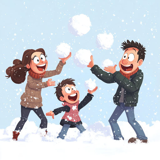Cartoon family in snowball fight