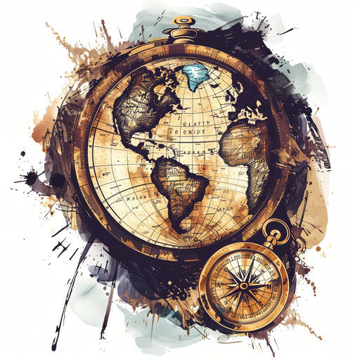 Adventurous flat tattoo sketch of a globe with a compass and old map, earthy browns and navy, clipart style