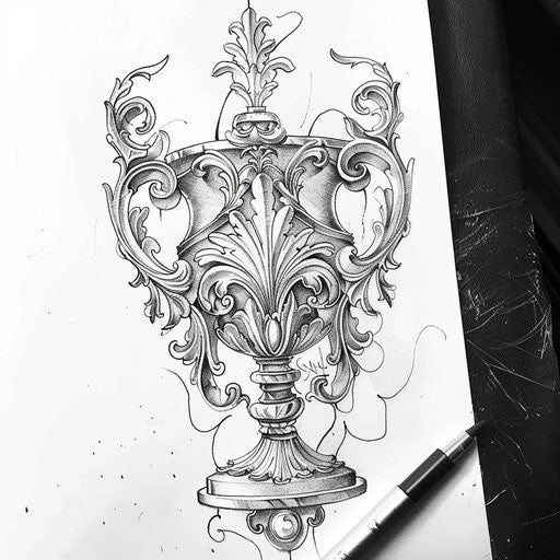 Baroque tattoo sketch of a silver goblet with ornate details and classic flourishes
