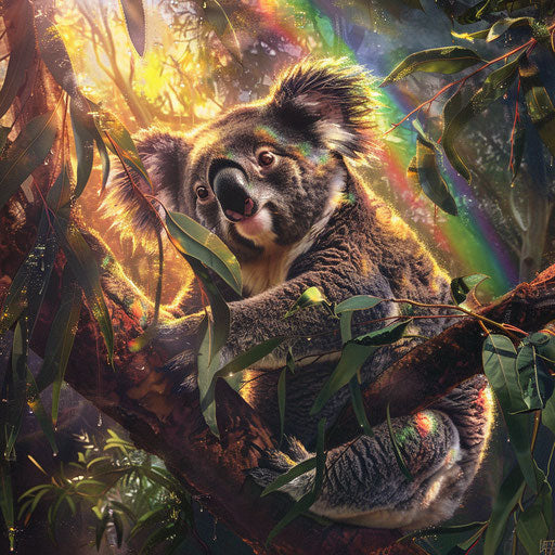 Koala under a rainbow in the eucalyptus forest